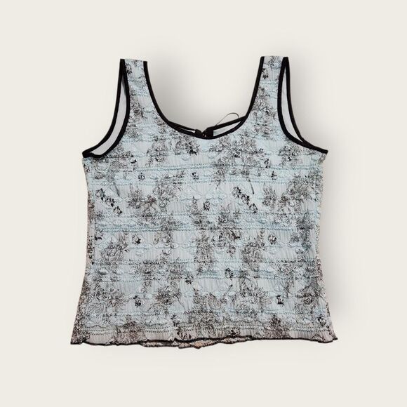 Vintage Y2k Dressbarn blue and black tie up slightly cropped floral tank top L - Picture 2 of 4